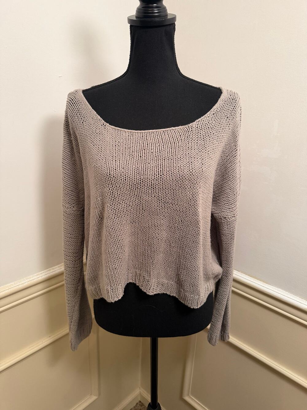 Umit Unal Open Loose Knit Scoop Neck Cropped Sweater Luxury Lagenlook Grey